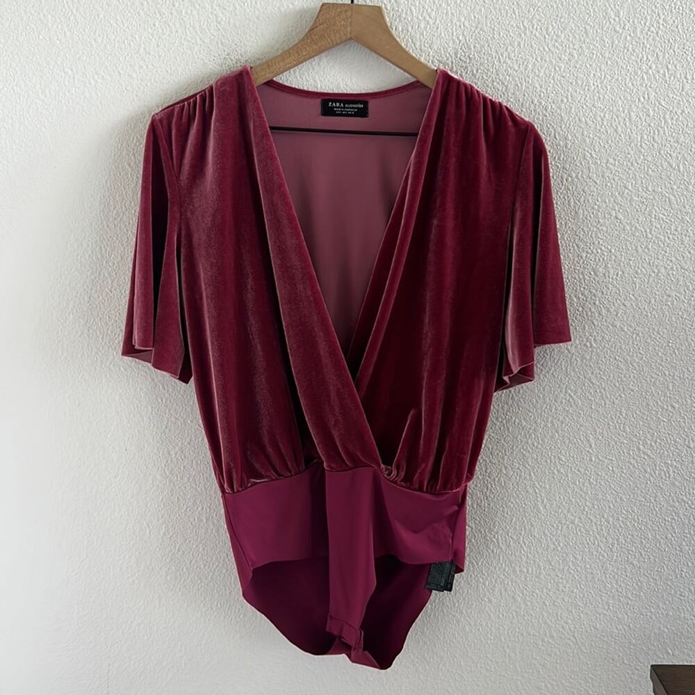 Zara Accessories Pink Velour Bodysuit V Neck Cross Front US Small